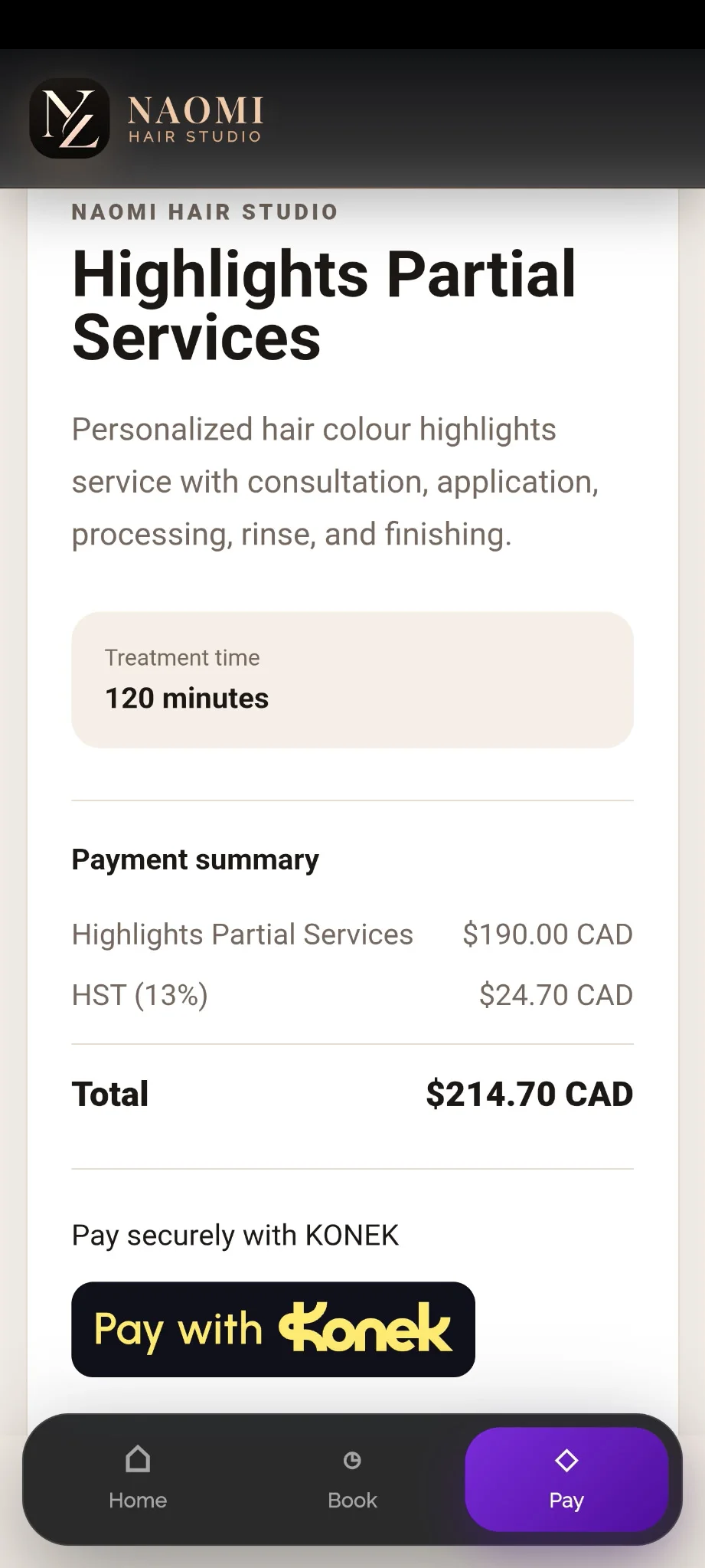 Naomi customer checkout screen